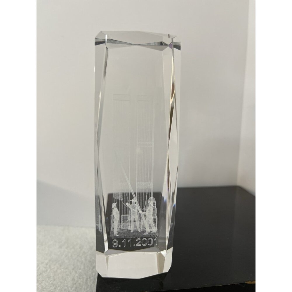 9/11/2001 Twin Towers laser etched glass paperweight 3"